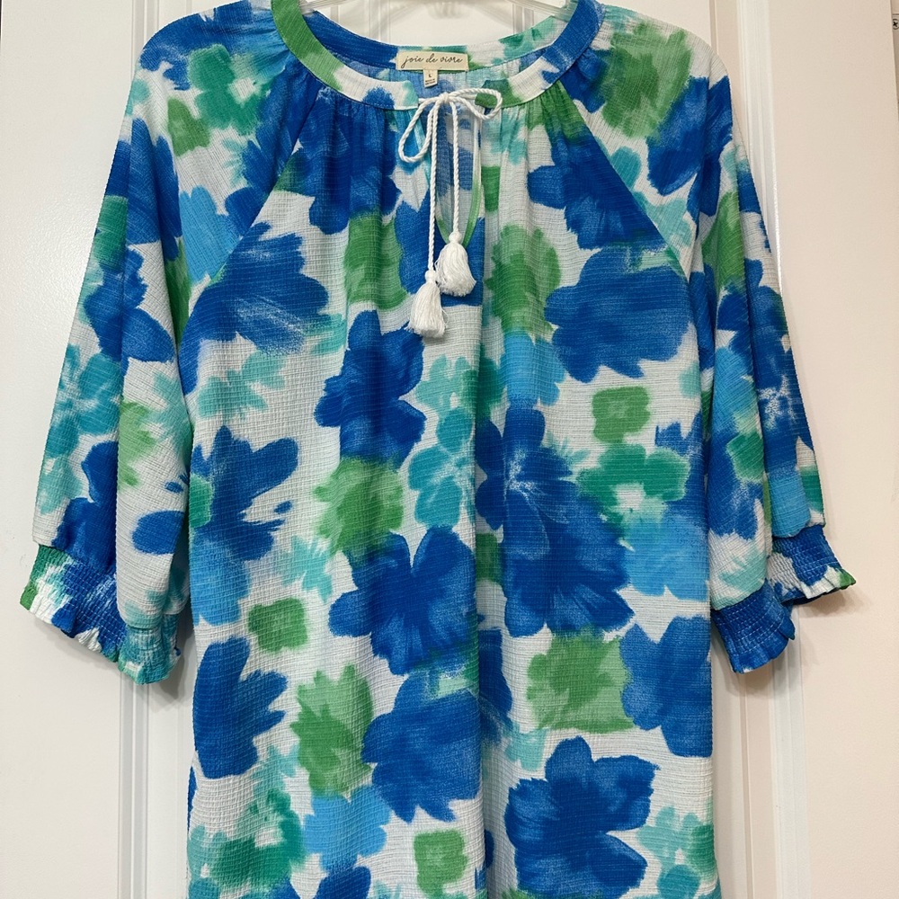 Blue and Green Ruffled Sleeves Tie Front Blouse